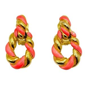 Vintage Kenneth Jay Lane Pink Enamel and Gold Tone Croissant Earrings